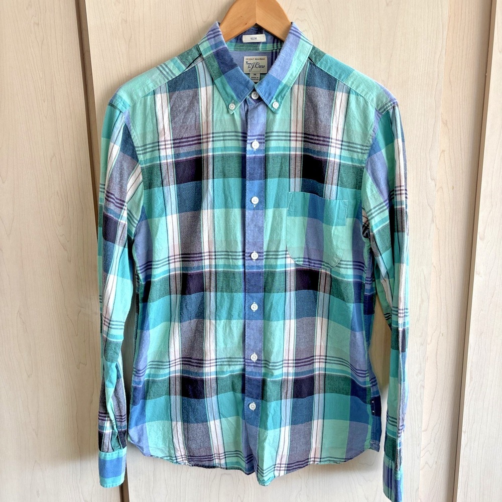 J Crew Shirt Mens Medium Green Blue‎ Plaid Slim Fit Indian Madras Cotton Casual